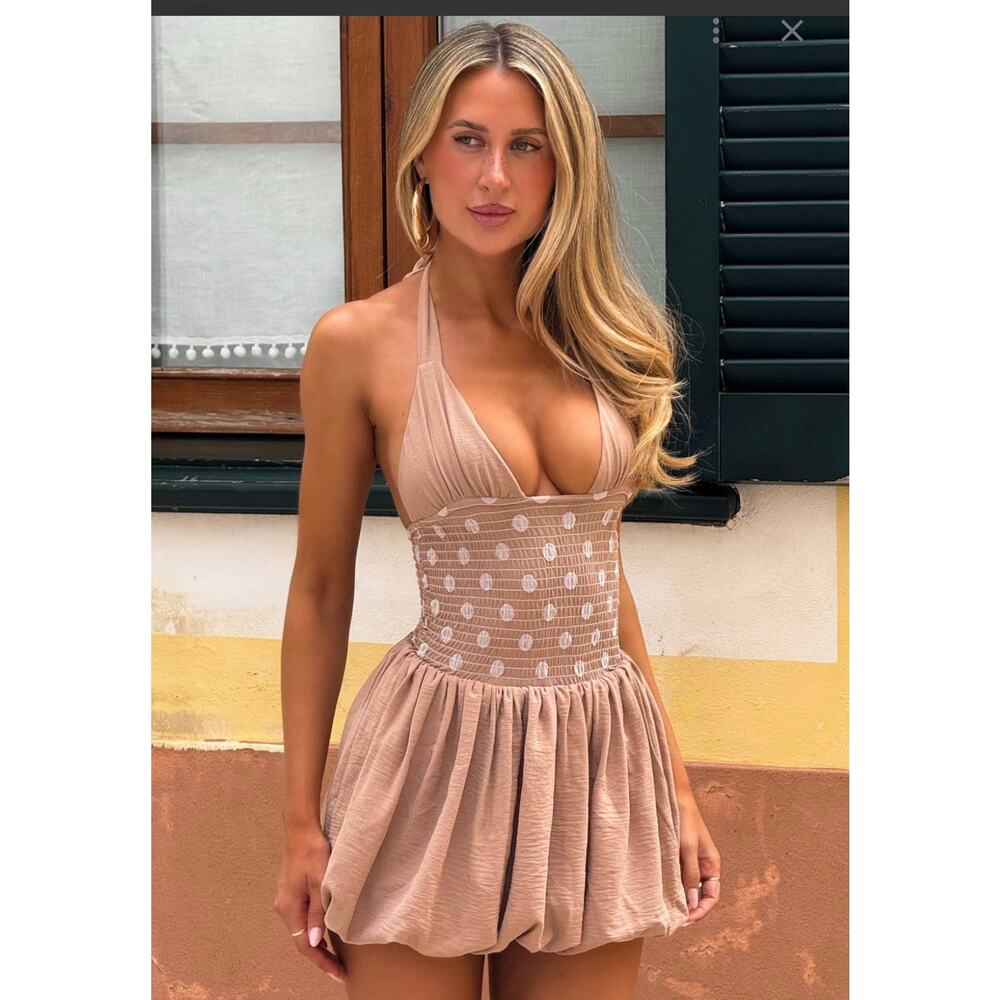 Outcast Rosleigh Mini Dress Bubble Hem Halter Polka Dot Brown Open Back XS